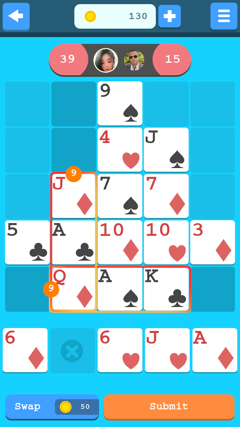 Bitcoin 21 gameplay showing the crossword-style blackjack board with cards laid horizontally and vertically