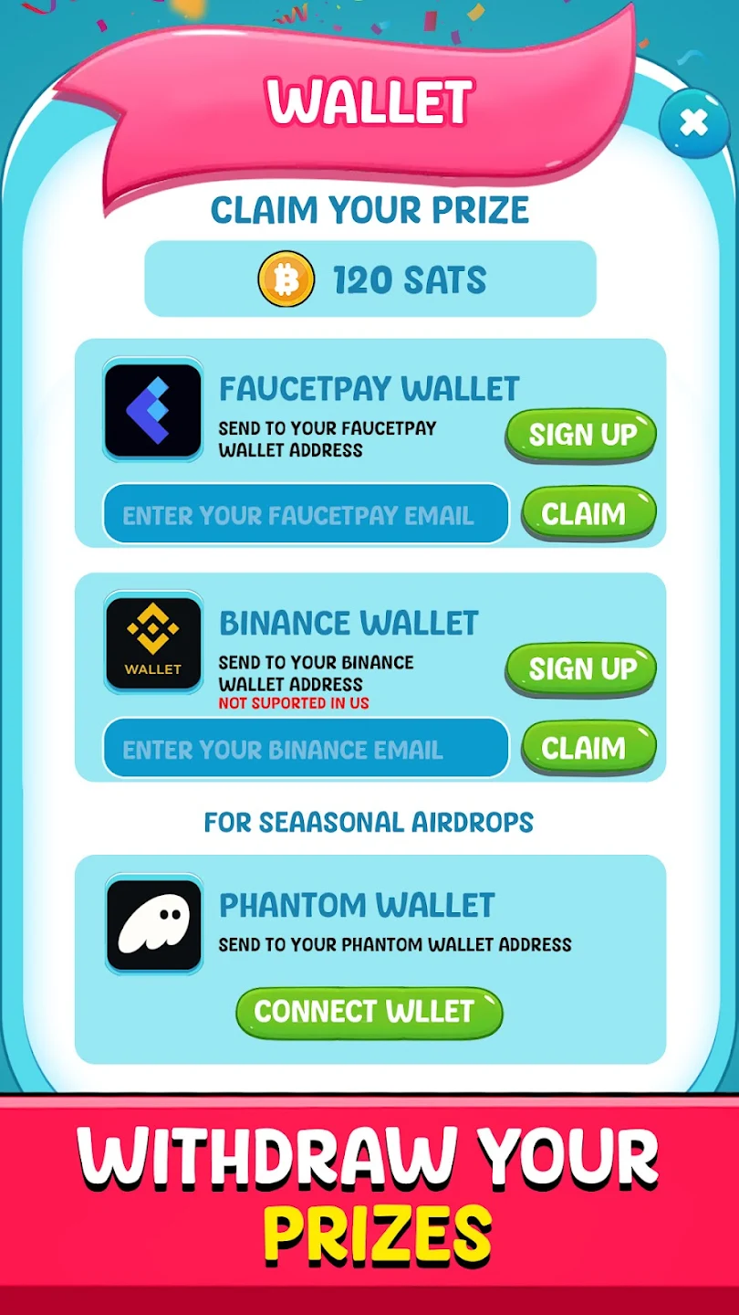Bitcoin Mega Merge wallet screen showing FaucetPay, Binance and Phantom withdrawal options