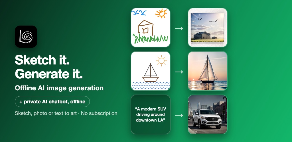 LoAi: sketch it, generate it. Offline AI image generation turning a child's house drawing, a sailboat sketch and a text prompt into finished images