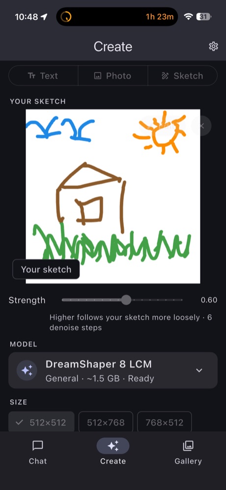 LoAi Create screen in Sketch mode showing the sketch, Strength slider, DreamShaper 8 LCM model and size options 512x512, 512x768, 768x512