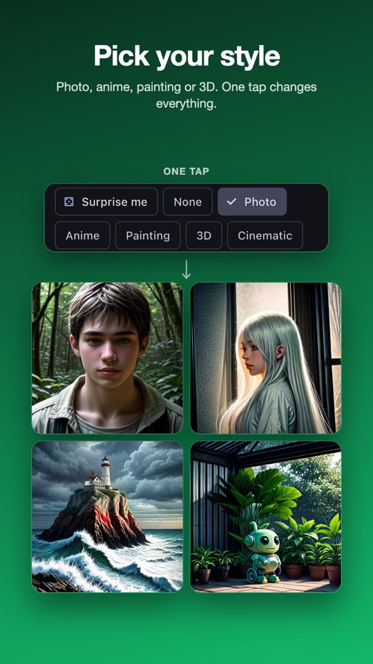 LoAi style presets: Surprise me, None, Photo, Anime, Painting, 3D and Cinematic, with four sample images