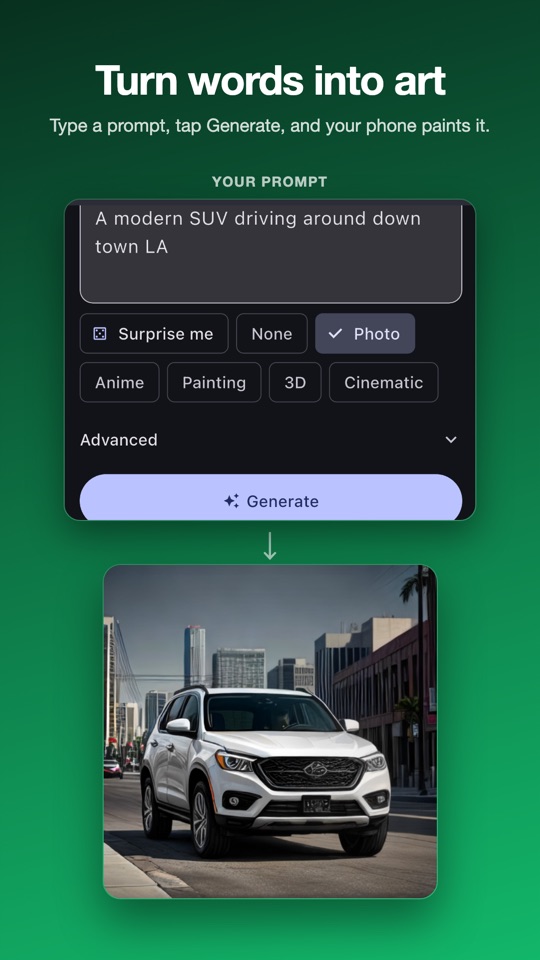 LoAi text to image screen: prompt 'A modern SUV driving around downtown LA' produces a photorealistic white SUV on a city street