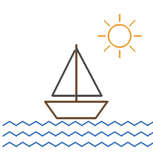 Simple line sketch of a sailboat on blue waves with an orange sun