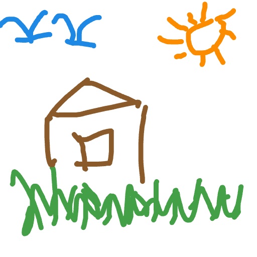 Child-like sketch of a brown house, green grass, blue birds and an orange sun