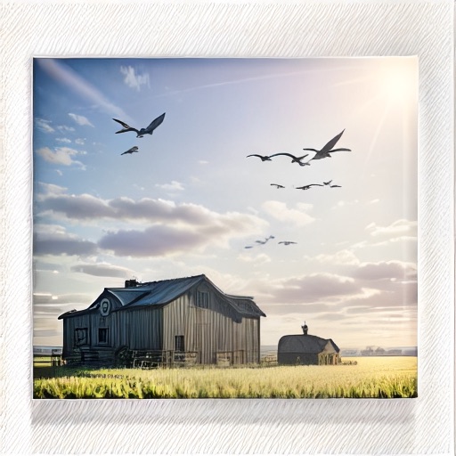 LoAi result: a weathered farmhouse in a golden field with birds flying under a bright sky