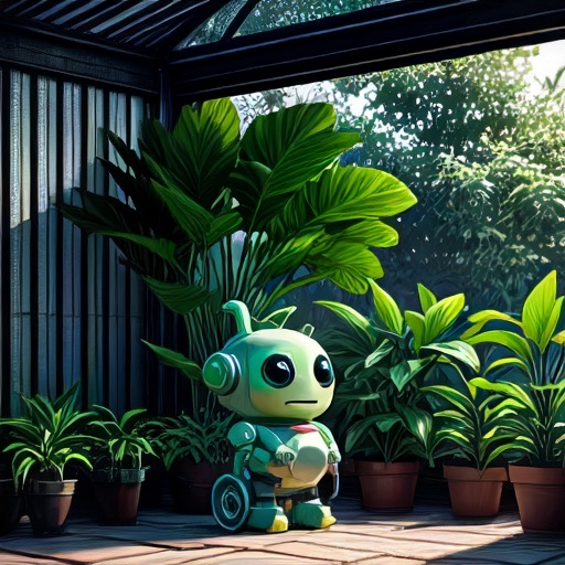 3D style: small green robot among potted plants