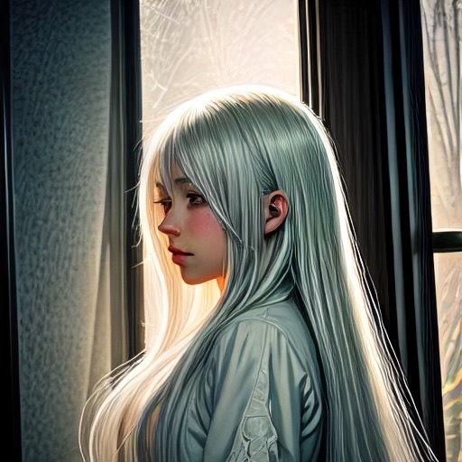 Anime style: silver-haired character by a window