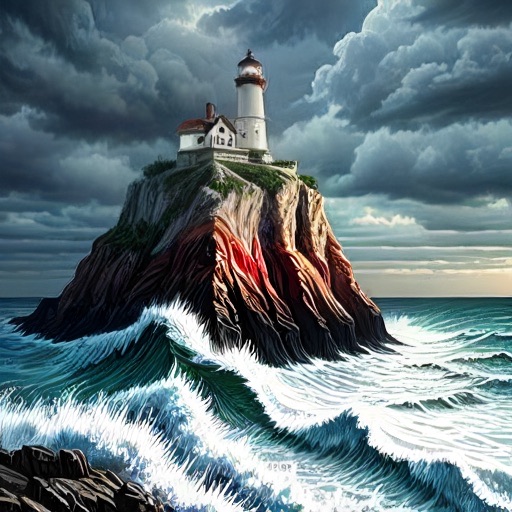 Painting style: lighthouse on a cliff with crashing waves