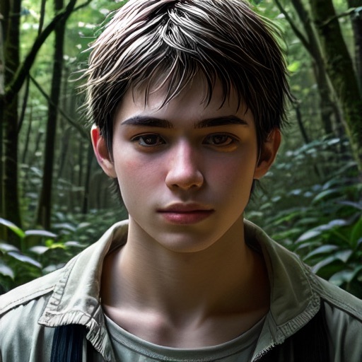 Photo style: realistic portrait of a young man in a forest