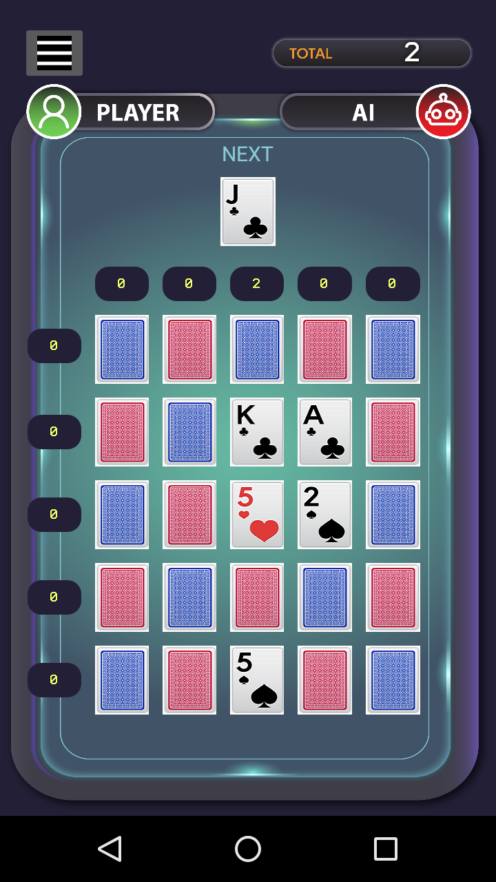Photon Poker gameplay screenshot showing 5×5 grid with cards being placed