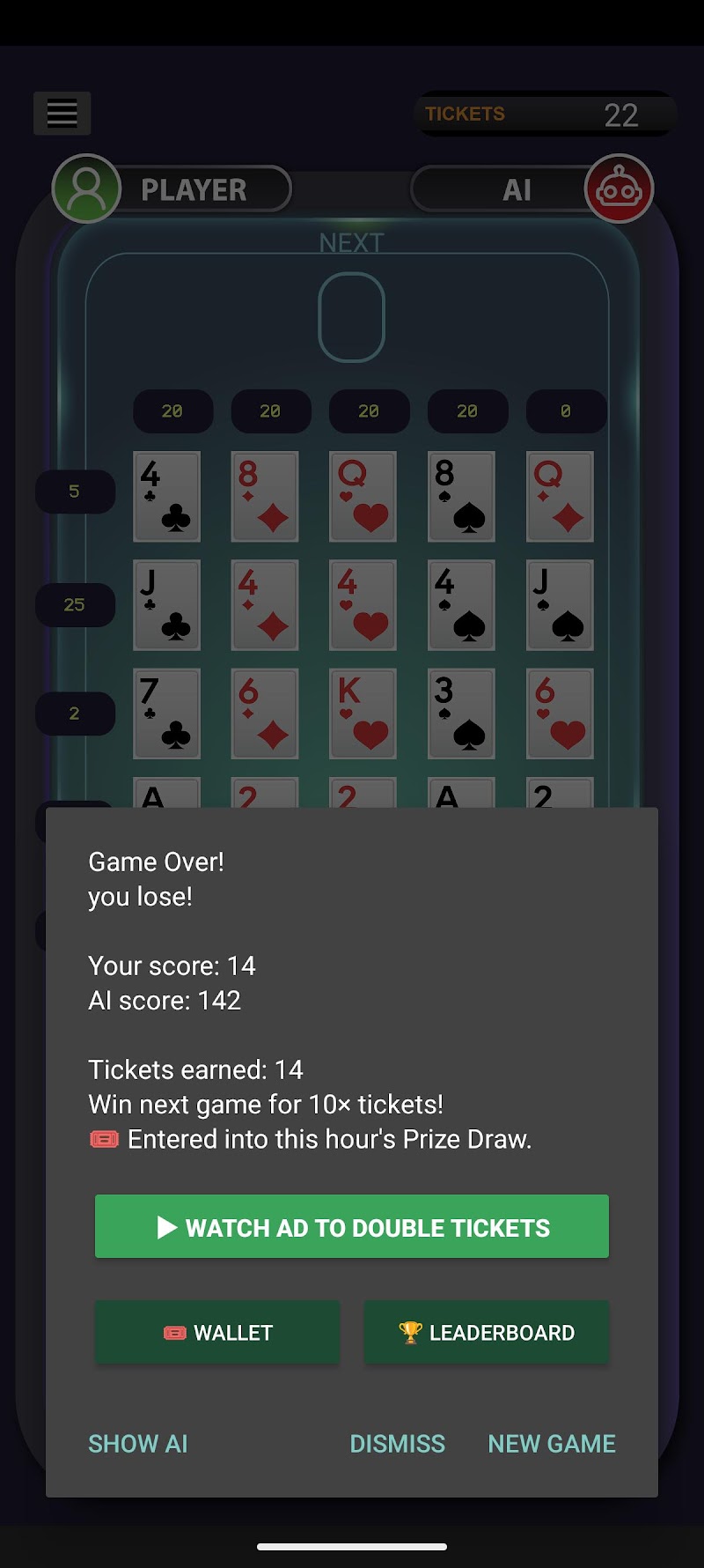 Photon Poker AI head-to-head view showing both player and AI scores